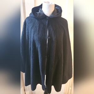 Black Hooded Alpaca Wool Cape One Size